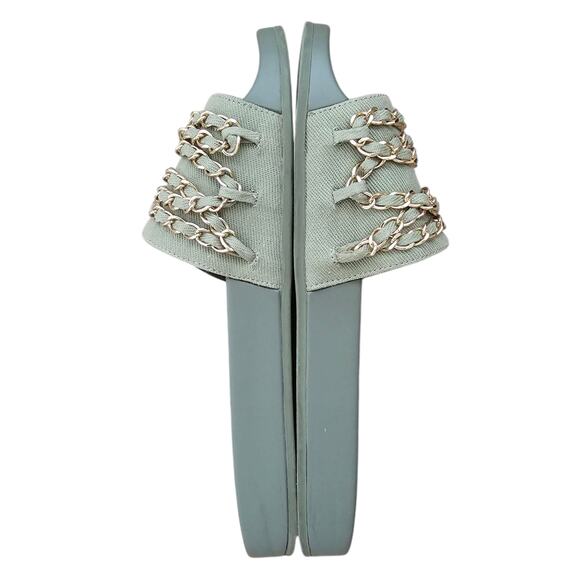 Chanel CC Chain Slide Flat Sandal Khaki Green Canvas Gold Logo 38 US 7 7.5 - Picture 4 of 10